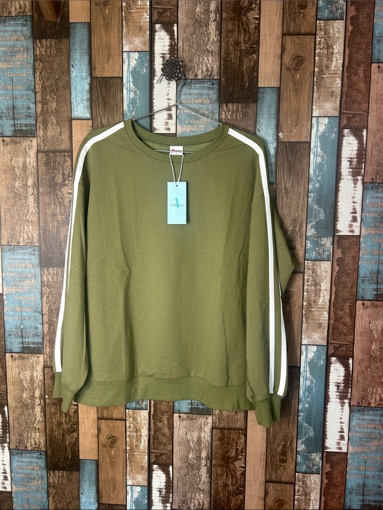 Tops - Army green white striped sleeve oversized sweatshirt